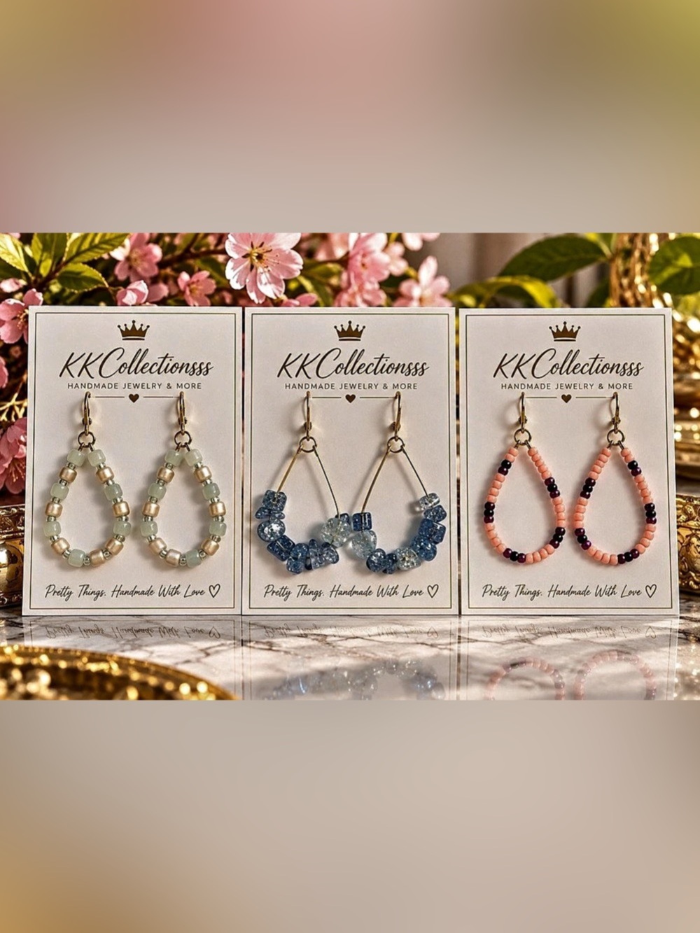 KK Collections Beaded Drop Earrings Set in Green, Blue & Pink NWT